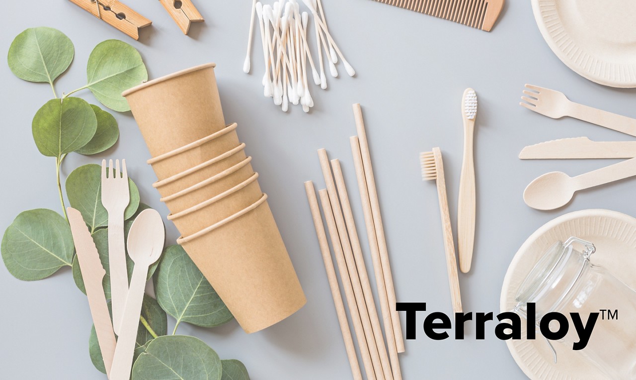 eco natural paper cups, straws, toothbrush flat lay on gray background. sustainable lifestyle concept. zero waste, plastic free items. stop plastic pollution. Top view, overhead, template, Mockup.